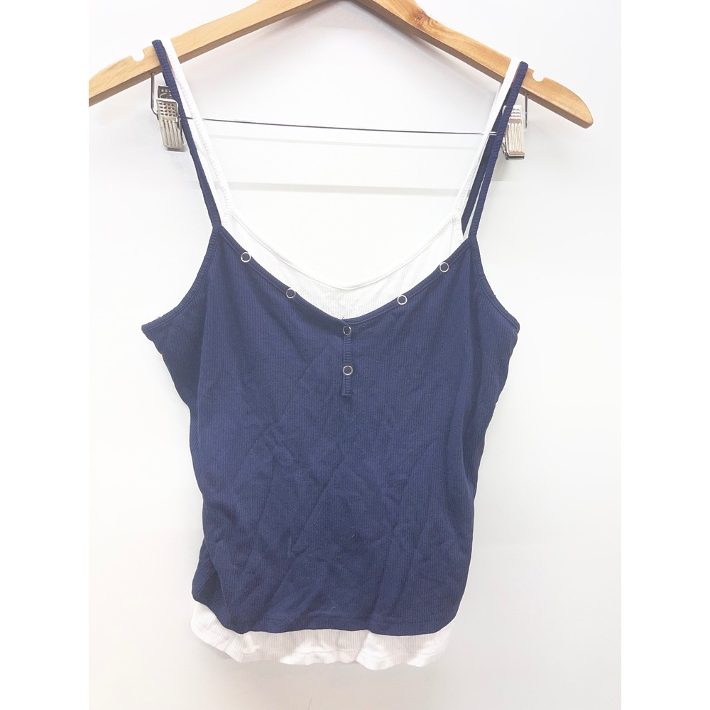 Frankee‎ & Skylarr Womens XL Navy Blue White Layered Ribbed Grommet Camisole Top